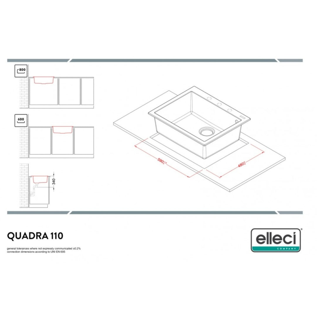 Elleci Quadra 110 LGQ11062 Lavello da Incasso 1 Vasca Sopratop Granitek Classic Bianco Antico cm. 61 x 50