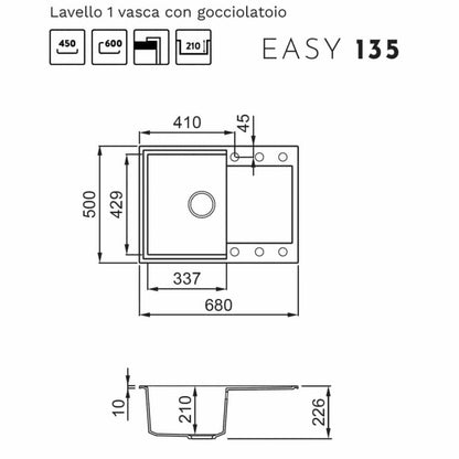 Elleci Easy 135 LGY13539 Lavello Incasso 1 Vasca Granitek Bianco Soft cm. 68 × 50