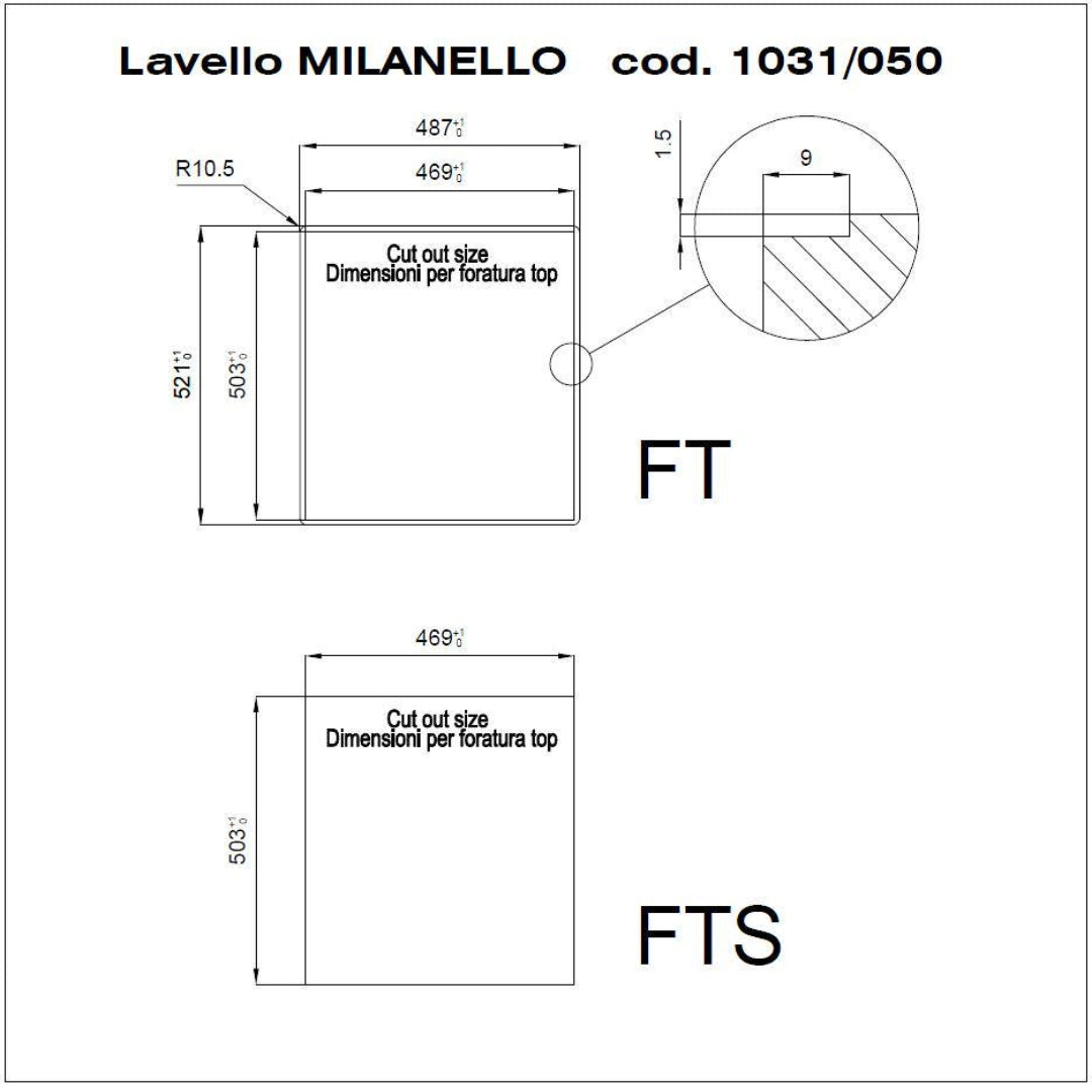 Foster Milanello 1031050 Lavello 1 Vasca Incasso Filotop Acciaio Inox Spazzolato mm 486 x 520