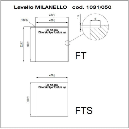 Foster Milanello 1031050 Lavello 1 Vasca Incasso Filotop Acciaio Inox Spazzolato mm 486 x 520