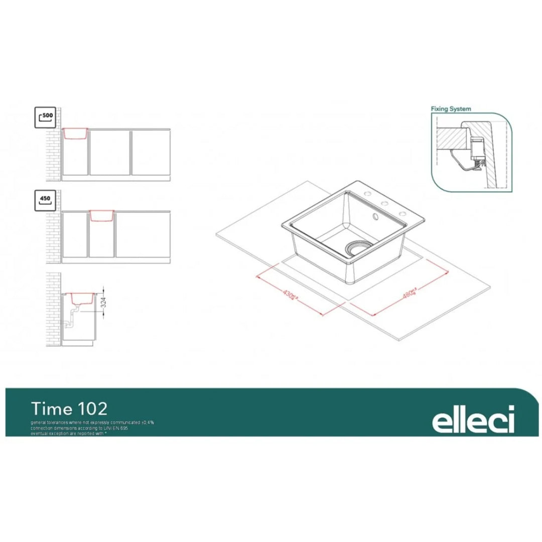 Elleci Time 102 LG210248 Lavello da Incasso Sopratop Monovasca Granitek Cemento cm. 45 X 51