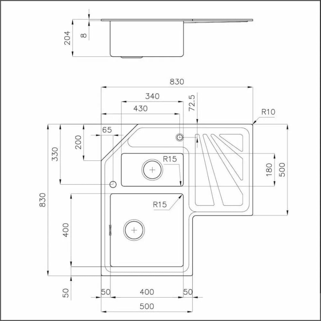 FOSTER 3308050 Lavello Angolo 1 Vasca 1/2 Inox Destra Incasso Gocciolatoio cm. 83 x 83