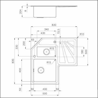 FOSTER 3308050 Lavello Angolo 1 Vasca 1/2 Inox Destra Incasso Gocciolatoio cm. 83 x 83