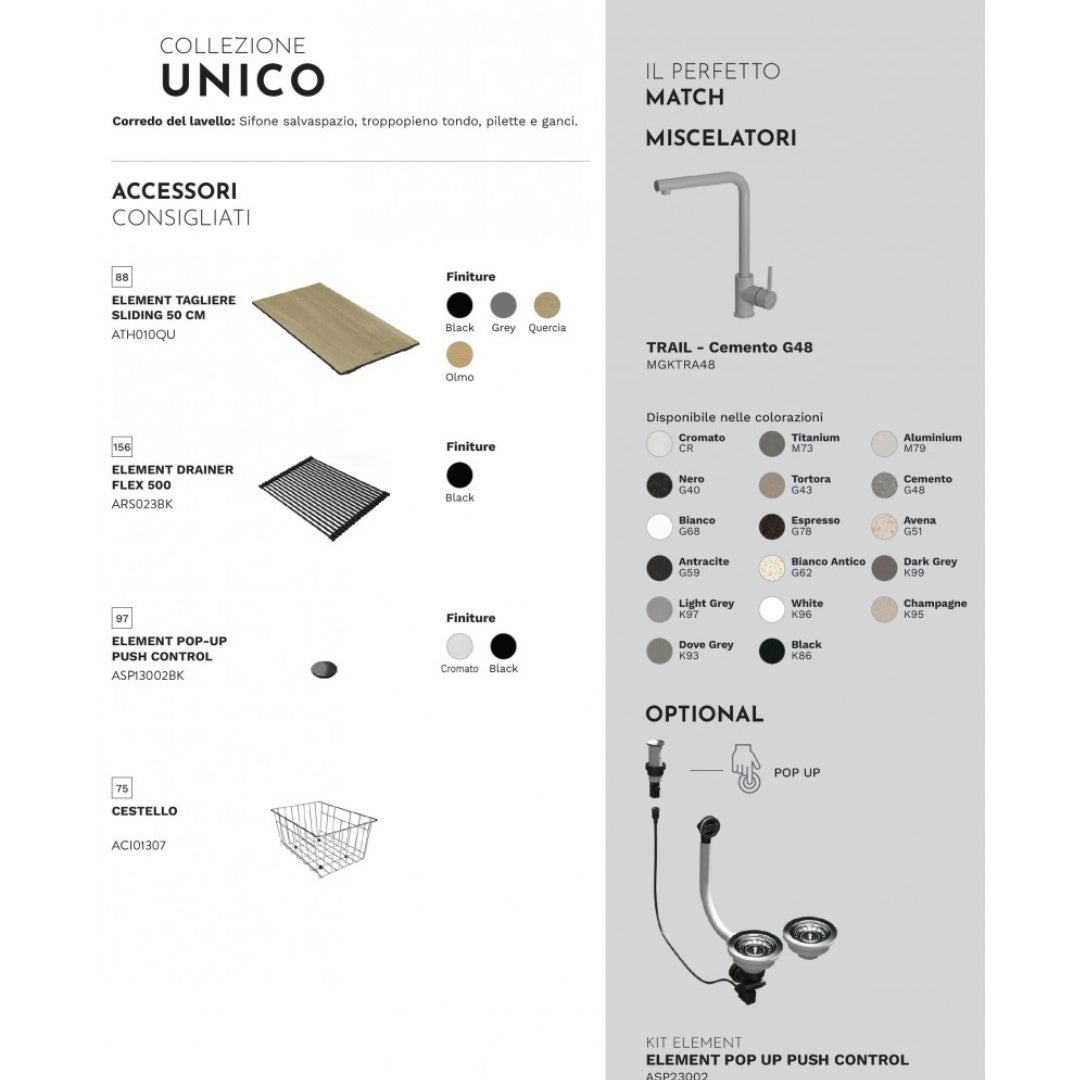 Elleci Unico 480 LGU48068 Lavello 1 Vasca con Gocciolatoio Reversibile Sopratop Granitek Bianco cm. 100 x 50