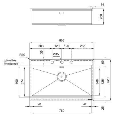 Foster Milanello Workstation 1034050 Lavello 1 Vasca Incasso Filotop Acciaio Inox Spazzolato mm. 806x520