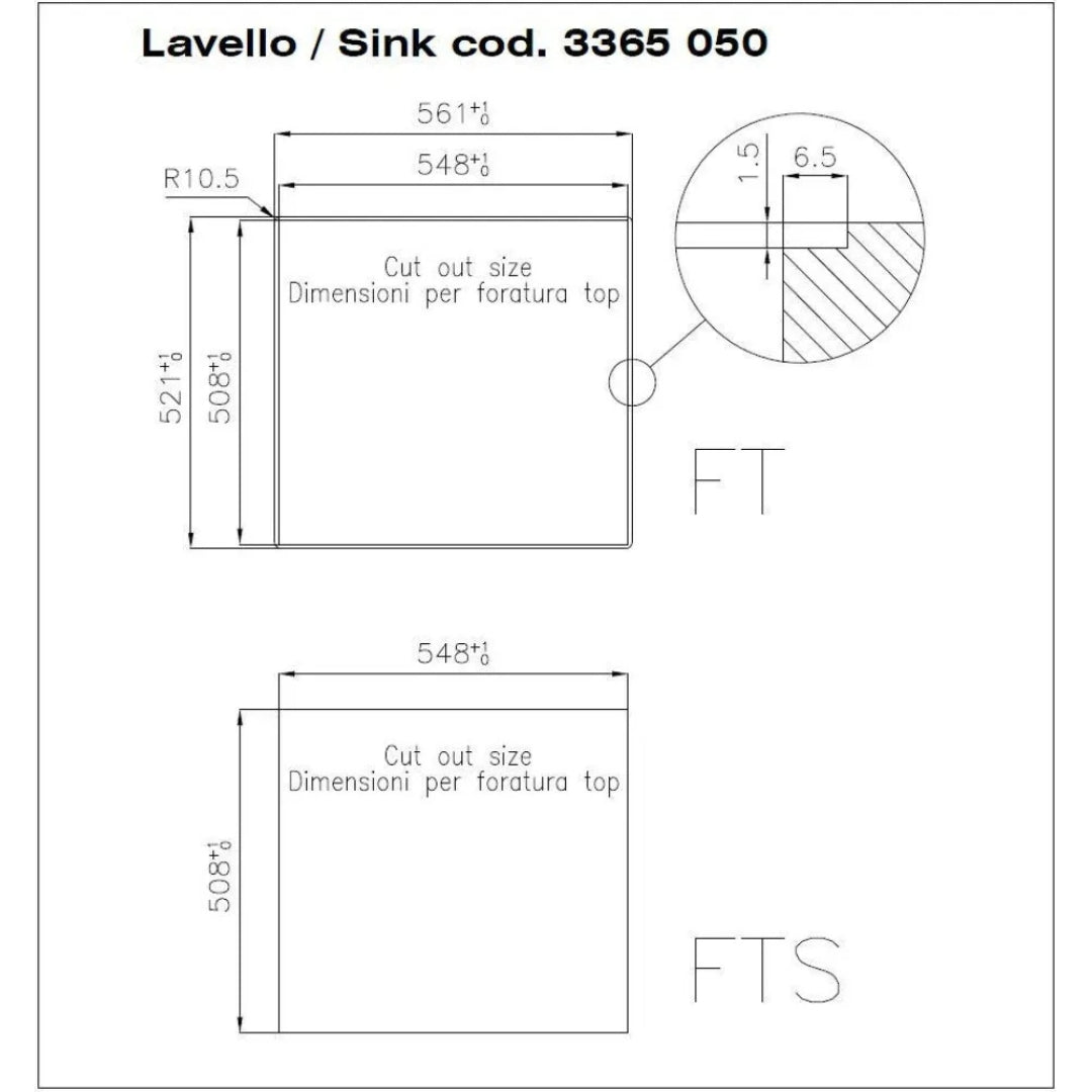 Foster S4001 3365050 Lavello 1 Vasca Incasso Filotop Acciaio Inox Spazzolato cm. 56 x 52