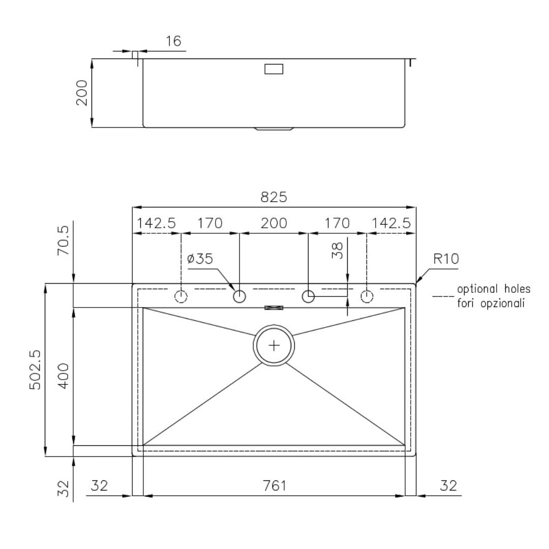Foster Quadra 1229050 Lavello Incasso Filotop Acciaio Inox Spazzolato 1 Vasca cm. 83 x 50