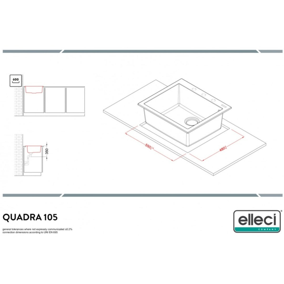 Elleci Quadra 105 LGQ10539 Lavello da Incasso Sopratop Monovasca Granitek Bianco Soft  cm. 57 x 50