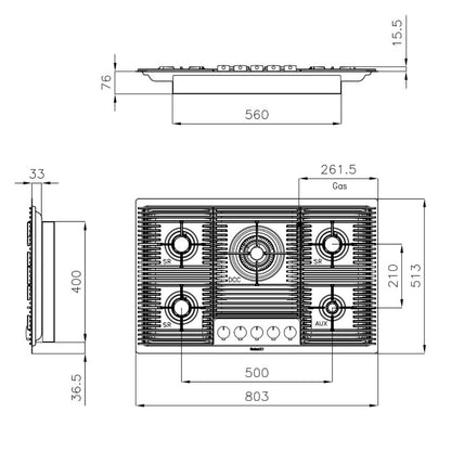 FOSTER MILANELLO 7682009 Piano Cottura a Gas da Incasso 5 Fuochi PVD Oro con Griglie in Ghisa cm. 80 x 51