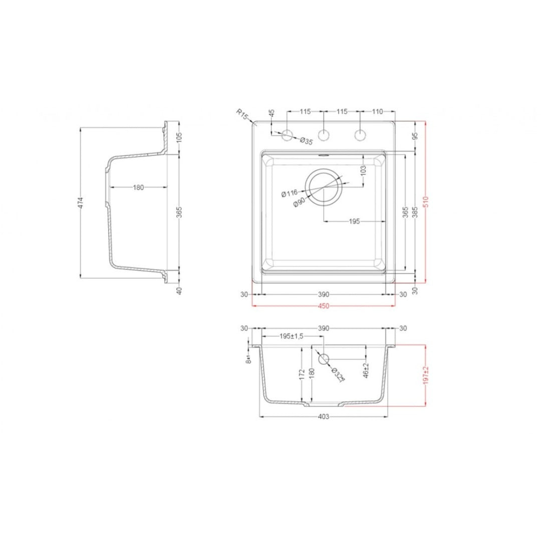 Elleci Time 102 LG210268 Lavello da Incasso 1 Vasca Sopratop Granitek Matt Bianco 68 cm. 45 x 51