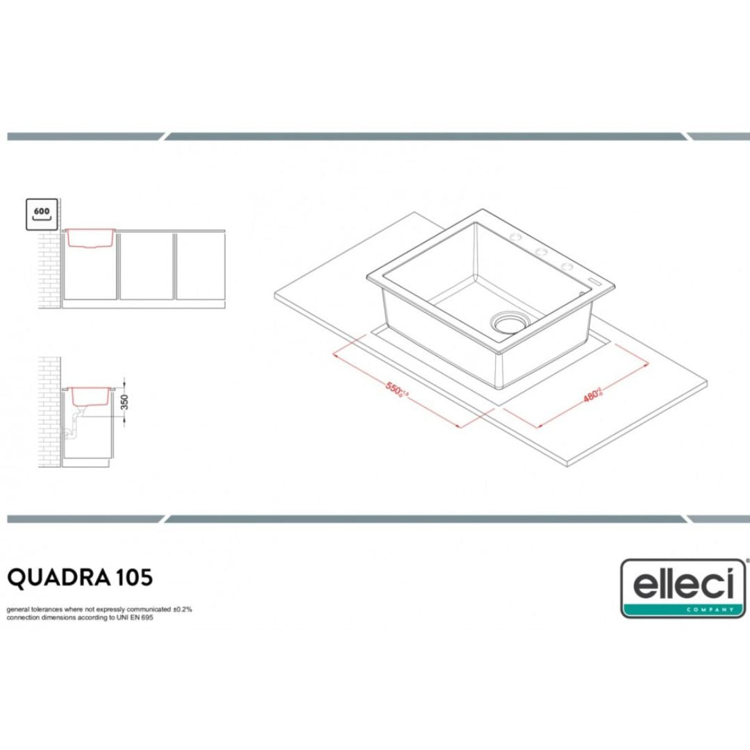 ELLECI QUADRA 105 LGQ10551 Lavello da Incasso 1 Vasca Sopratop Granitek Avena 51 cm. 57 x 50