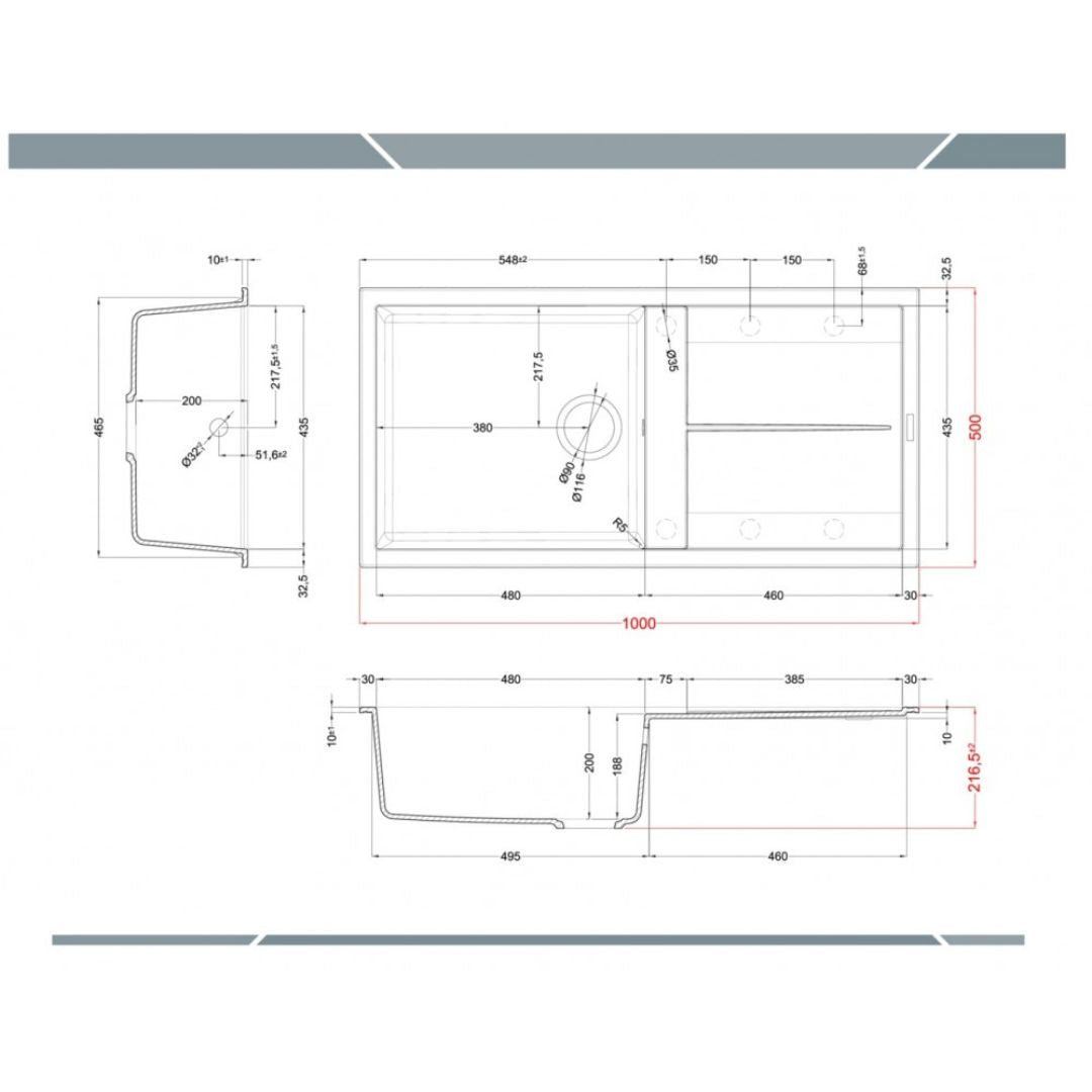 ELLECI UNICO 480 LGU48059 Lavello 1 Vasca con Gocciolatoio Reversibile Sopratop Granitek Antracite cm. 100 x 50