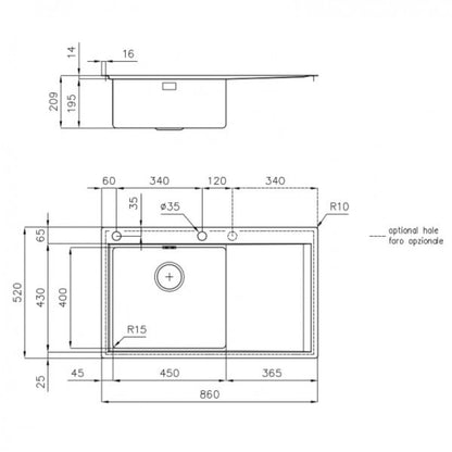 Foster Master 1250052 Lavello 1 Vasca Incasso Filotop Gocciolatoio a Destra Acciaio Inox Spazzolato cm. 86 x 52