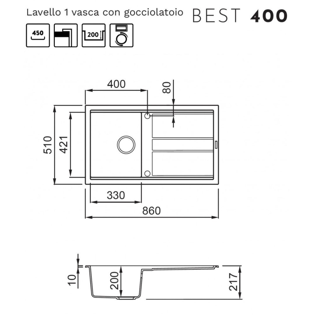Elleci Best 400 LKB40087 Lavello 1 Vasca con Gocciolatoio Reversibile Incasso Sopratop Keratek Cocoa cm. 86 x 51