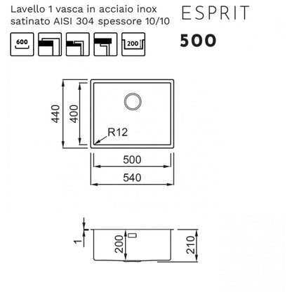 ELLECI LIE500SAC Lavello 1 Vasca Inox Satinato Flat Filotop o Sottotop cm. 54 x 44