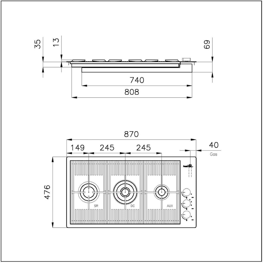 FOSTER MILANELLO 7680000 Piano Cottura a Gas 3 Fuochi in Acciaio Inox AISI 304 cm. 87 x 47,6