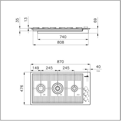 FOSTER MILANELLO 7680000 Piano Cottura a Gas 3 Fuochi in Acciaio Inox AISI 304 cm. 87 x 47,6