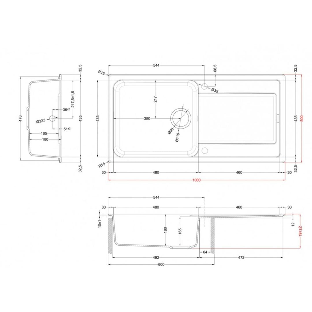 ELLECI LIFE 480 LG248051 Lavello da Incasso 1 Vasca grande con Gocciolatoio Reversibile Granitek Avena 51 cm. 100 x 51