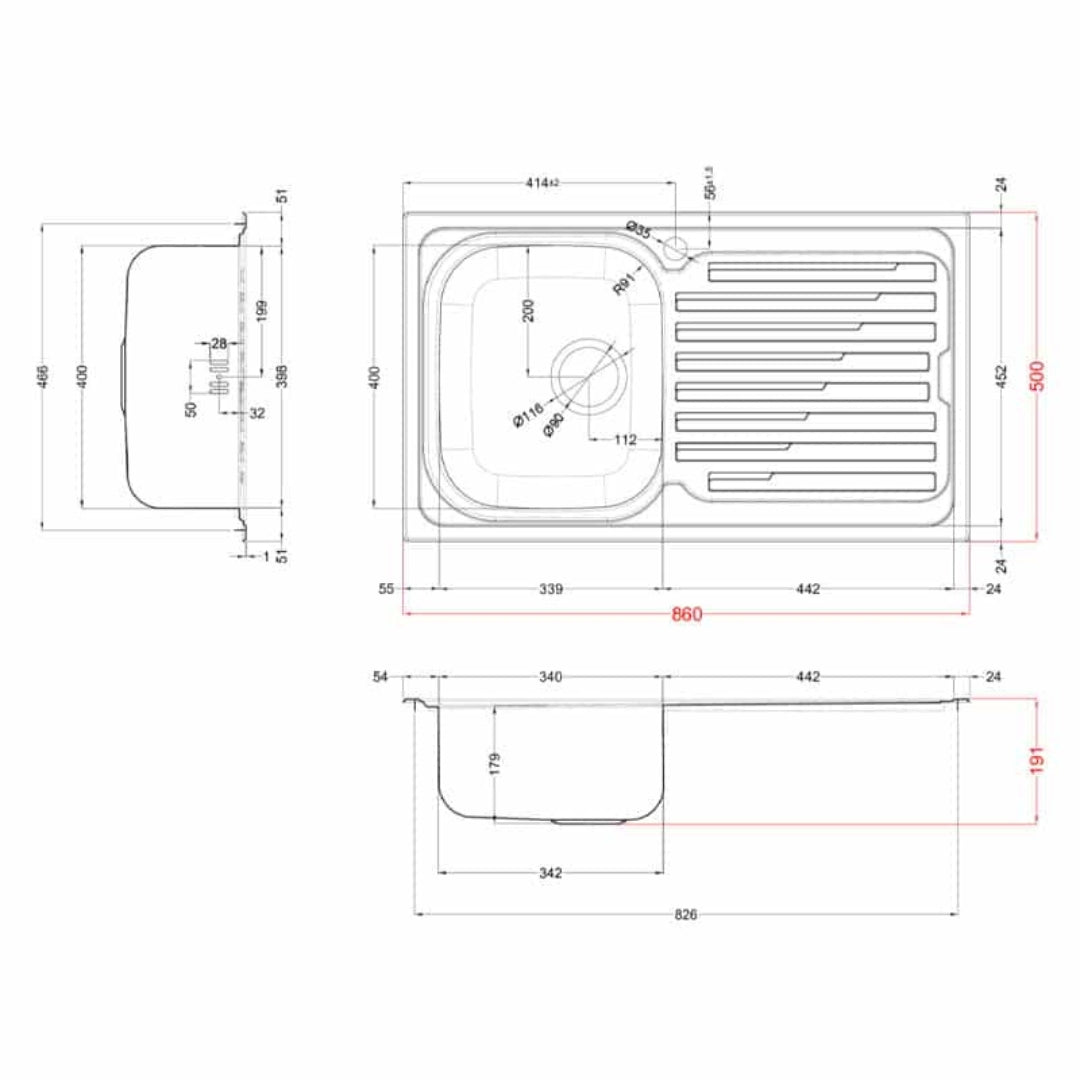 ELLECI LIK400SACSX Sky 400 Lavello Incasso 1 Vasca Gocciolatoio Destra cm. 86 x 51
