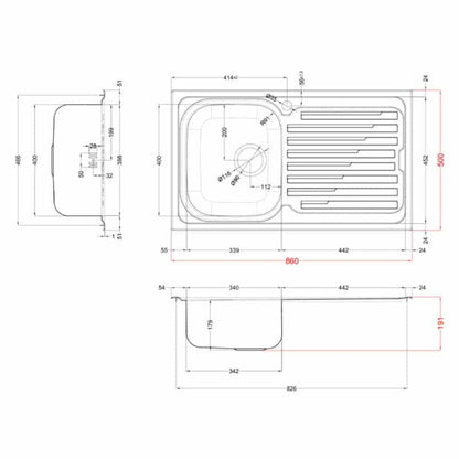 ELLECI LIK400SACSX Sky 400 Lavello Incasso 1 Vasca Gocciolatoio Destra cm. 86 x 51