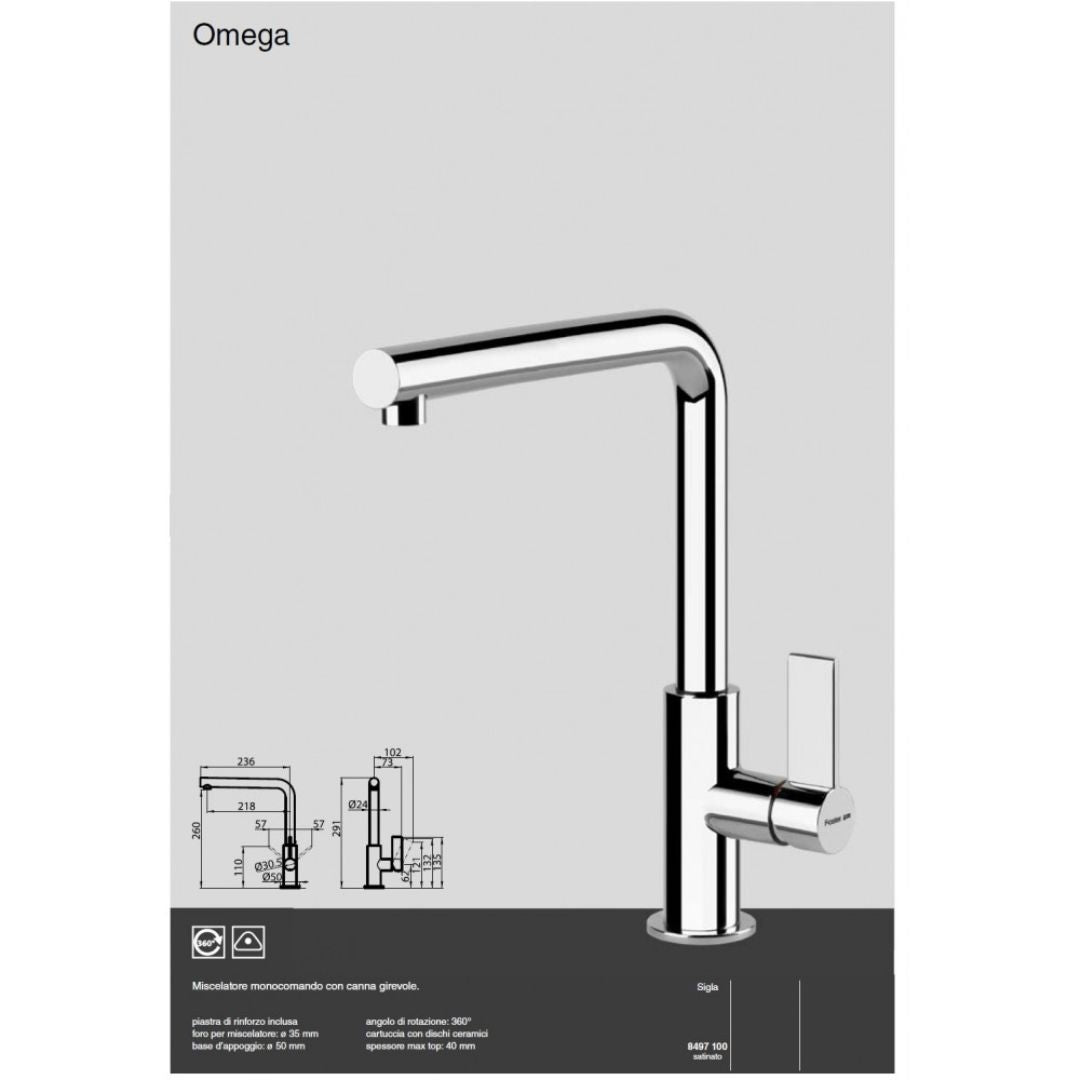 Foster Omega 8497100 Miscelatore Monocomando Cucina Satinato con Canna Girevole 360°