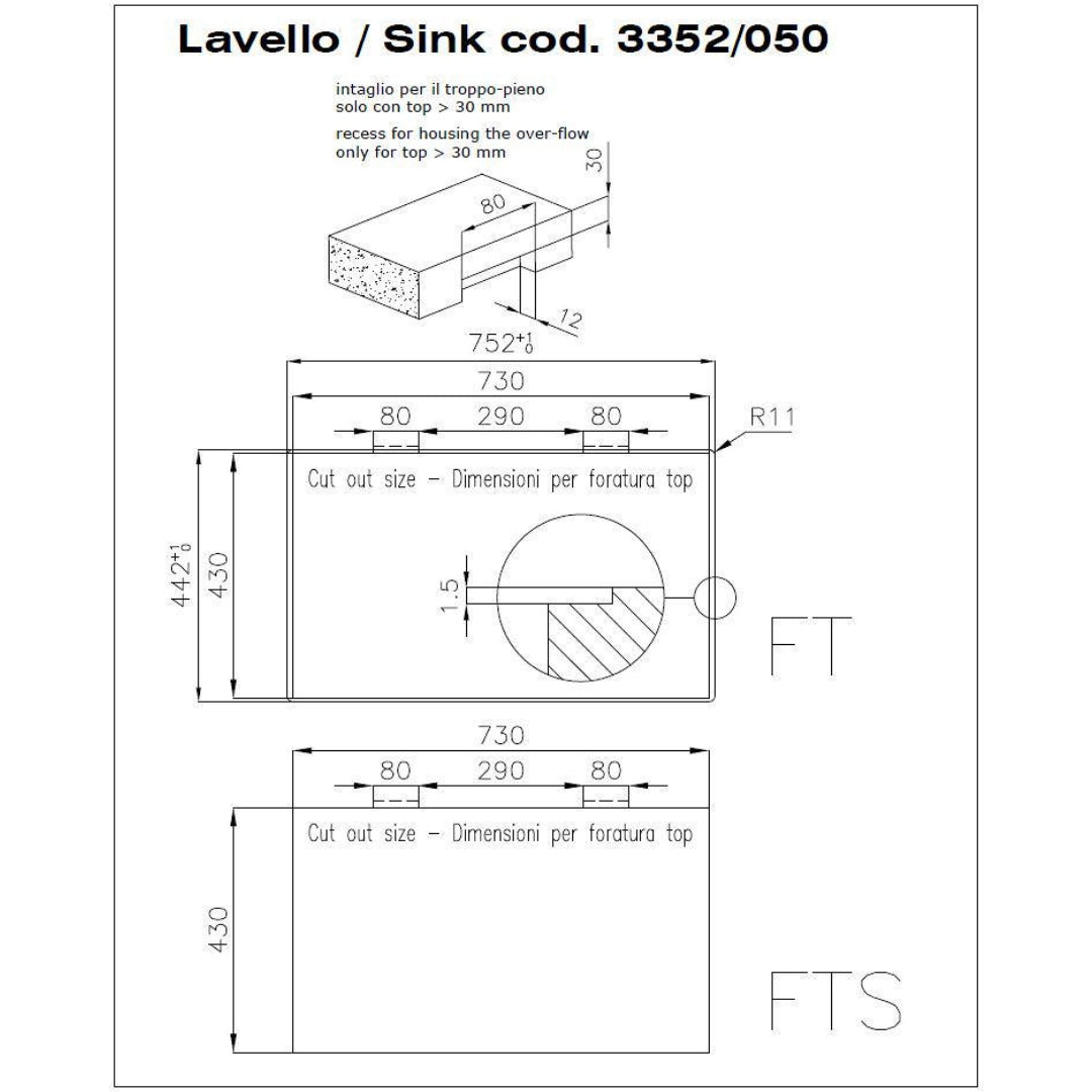 Foster S4001 3352050 Lavello Incasso Filotop 2 Vasche Acciaio Inox Spazzolato cm, 75 x 44
