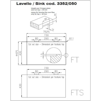 Foster S4001 3352050 Lavello Incasso Filotop 2 Vasche Acciaio Inox Spazzolato cm, 75 x 44