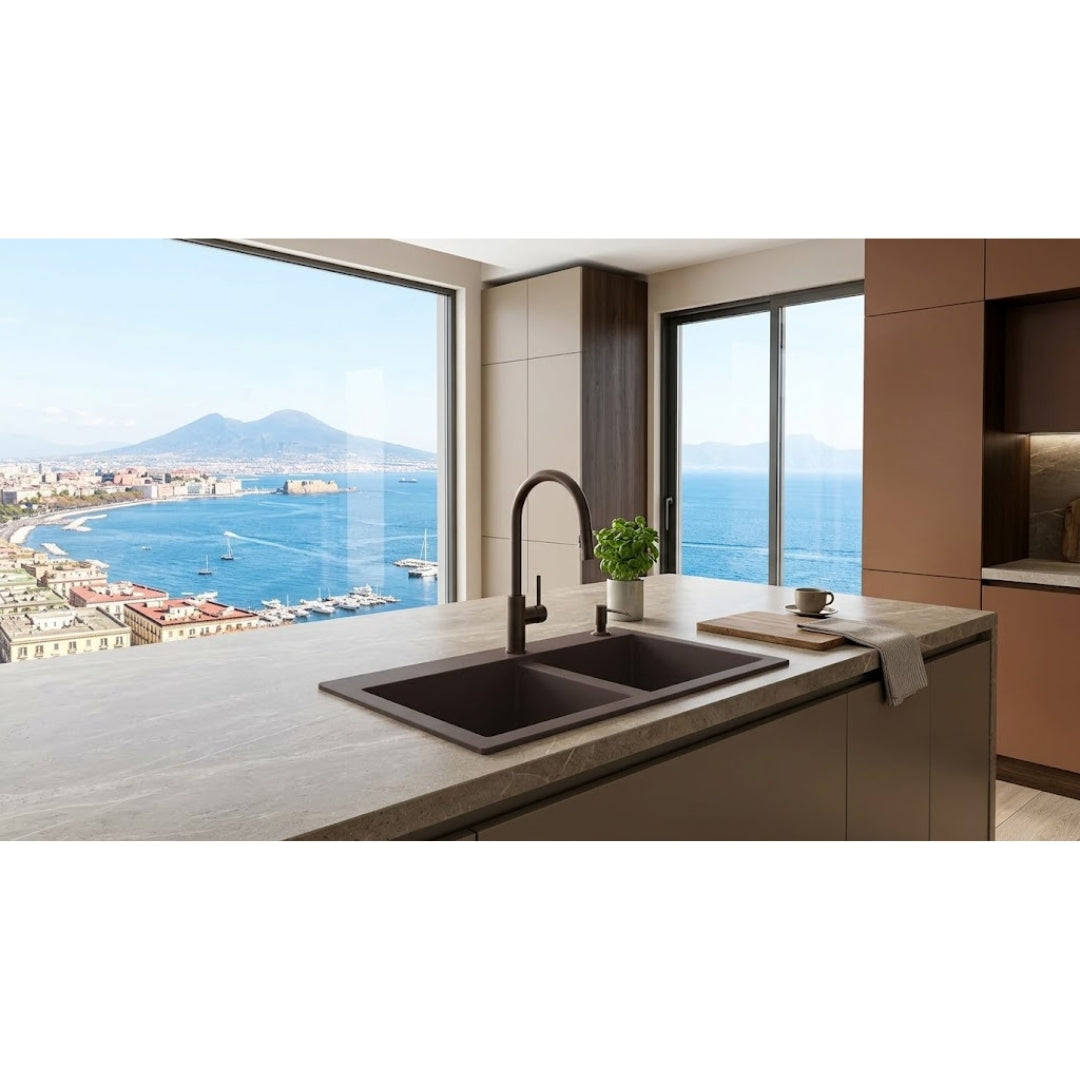 Elleci Quadra 350 LKQ35087 Lavello da Incasso Sopratop 2 Vasche Keratek Cocoa cm. 79 x 50