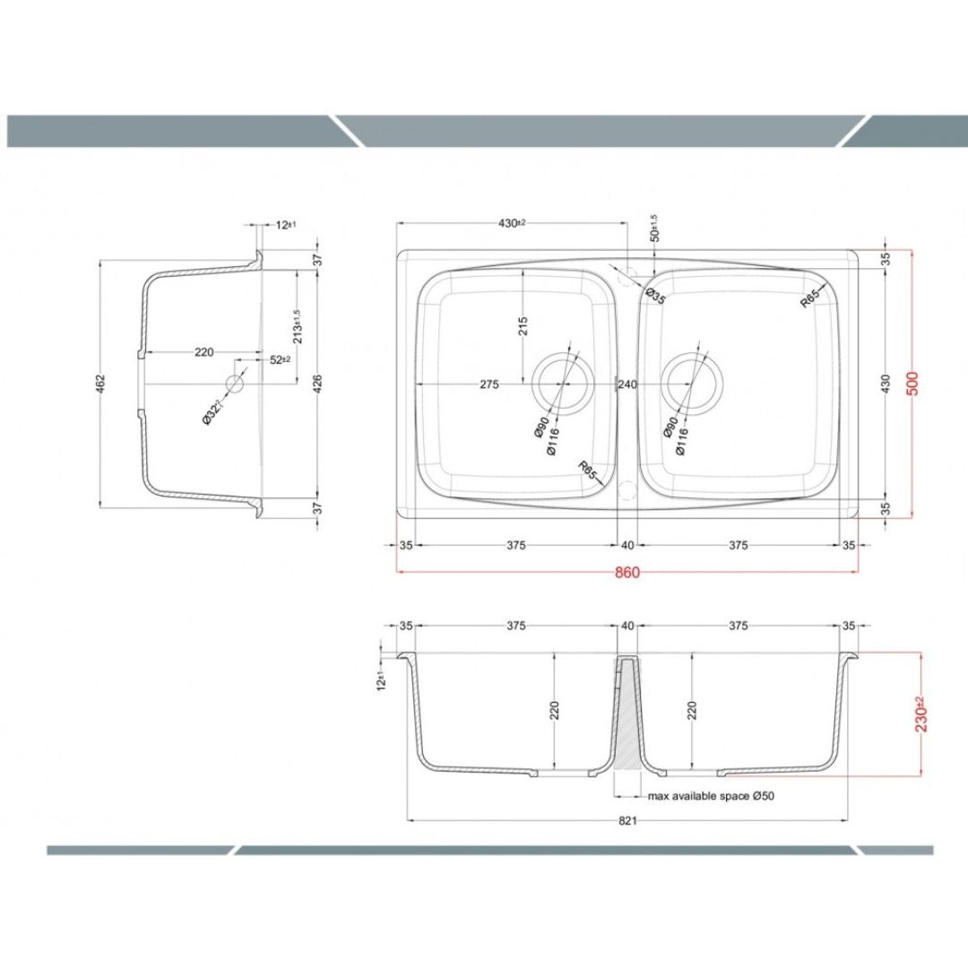 ELLECI MASTER 450 LGM45059 Lavello 2 Vasche Reversibile Sopratop Granitek Antracite cm. 86 x 50
