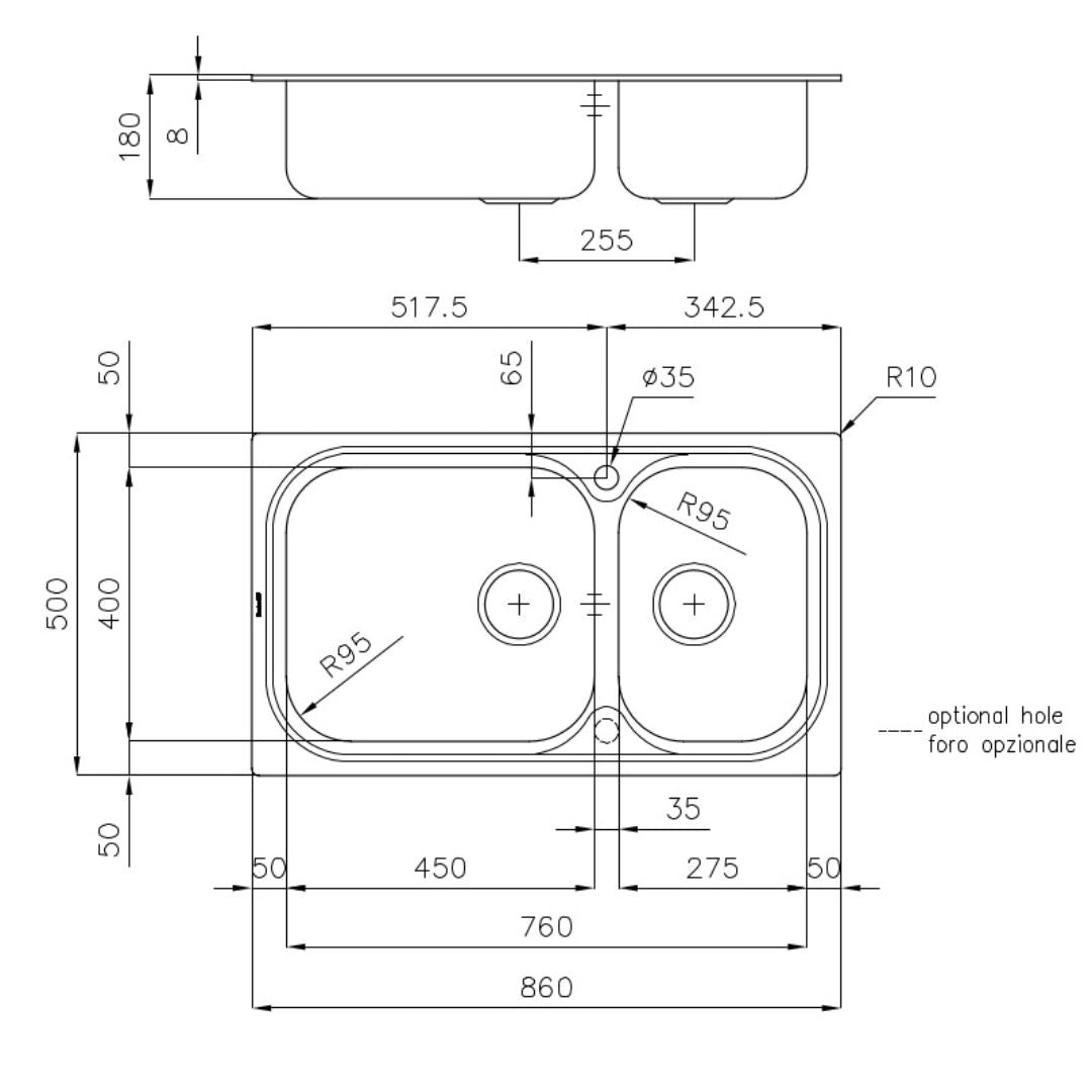 FOSTER BIG BOWL 1562002 Lavello Incasso Inox Spazzolato Doppia Vasca cm. 86 × 50