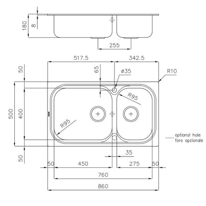 FOSTER BIG BOWL 1562002 Lavello Incasso Inox Spazzolato Doppia Vasca cm. 86 × 50