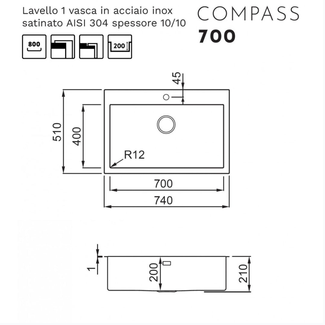 Elleci LIM700SAC Compass 700 Lavello da Incasso 1 Vasca Inox Satinato cm. 74 x 51