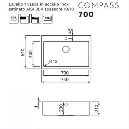 Elleci LIM700SAC Compass 700 Lavello da Incasso 1 Vasca Inox Satinato cm. 74 x 51