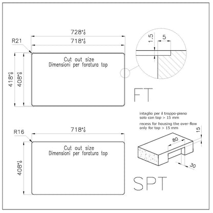 Foster Phantom 4371001 Lavello 1 Vasca Incasso Filotop Acciaio Inox Spazzolato cm. 72 x 41
