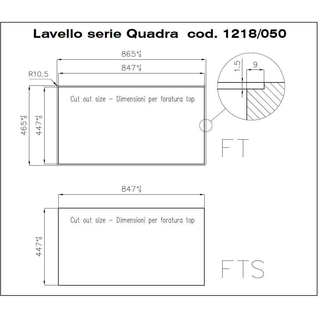 Foster Quadra 1218050 Lavello Incasso Sopratop/Filotop Acciaio Inox Spazzolato 1 Vasca cm. 86 x 46
