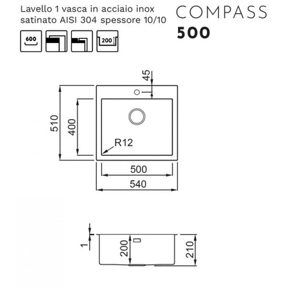ELLECI COMPASS LIM500SAC Lavello 1 Vasca Inox Satinato Flat Filotop Sottotop cm. 54 x 51