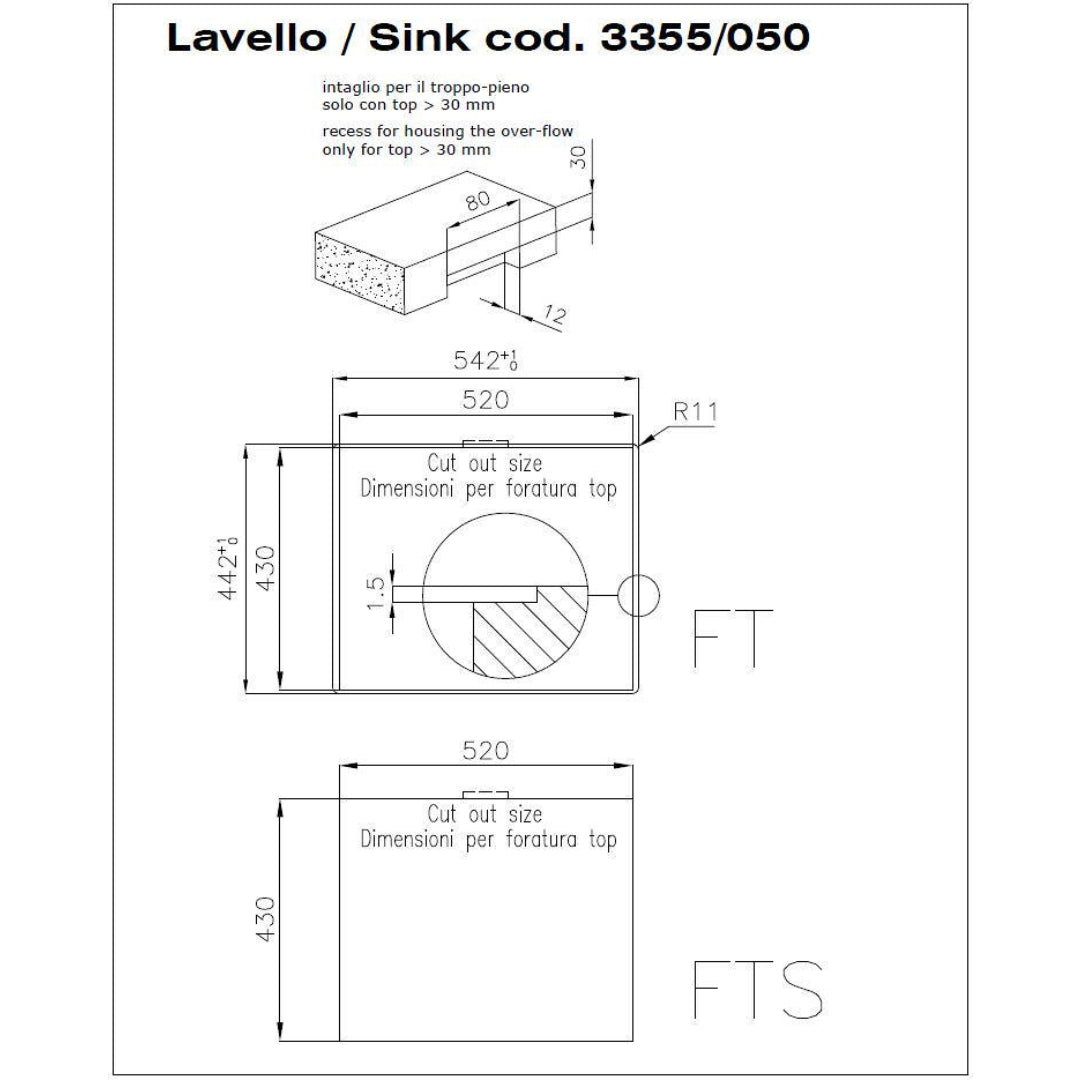 Foster S4001 3355050 Lavello Filotop 1 Vasca Acciaio Inox Spazzolato cm. 54 x 44