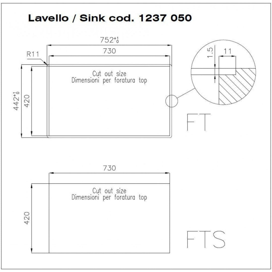 Foster Quadra 1237050 Lavello 1 Vasca Incasso Sopratop Filotop Acciaio Inox Spazzolato cm. 75 x 44
