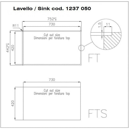 Foster Quadra 1237050 Lavello 1 Vasca Incasso Sopratop Filotop Acciaio Inox Spazzolato cm. 75 x 44