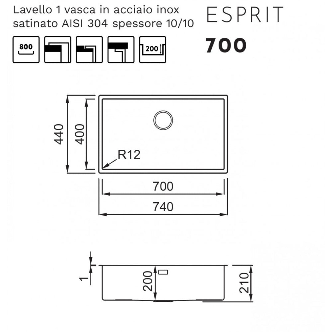 ELLECI LIE700SAC Lavello Incasso 1 Vasca Inox Satinato Flat Filotop Sottotop cm. 74 x 44