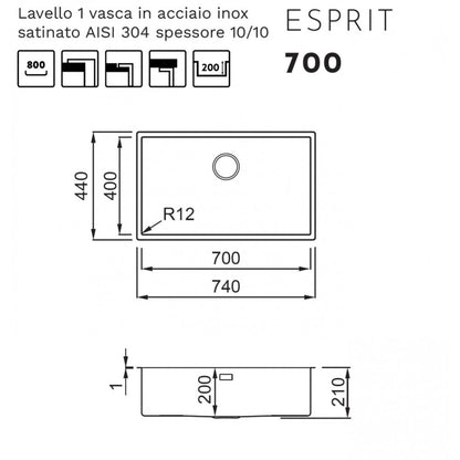 ELLECI LIE700SAC Lavello Incasso 1 Vasca Inox Satinato Flat Filotop Sottotop cm. 74 x 44