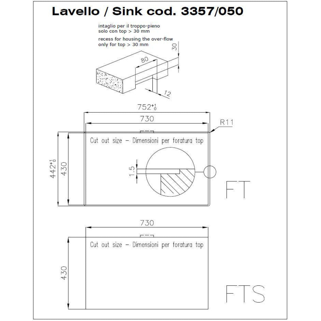 Foster S4001 3357050 Lavello Incasso Filotop 1 Vasca Inox Spazzolato cm. 75 x 44