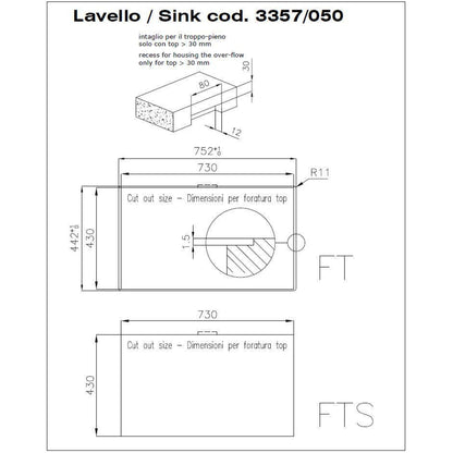 Foster S4001 3357050 Lavello Incasso Filotop 1 Vasca Inox Spazzolato cm. 75 x 44