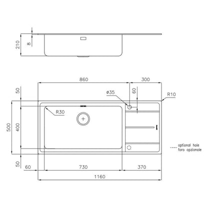 FOSTER EVO 3216051 Lavello Inox Spazzolato 1 Vasca con Gocciolatoio Incasso cm. 116 x 50