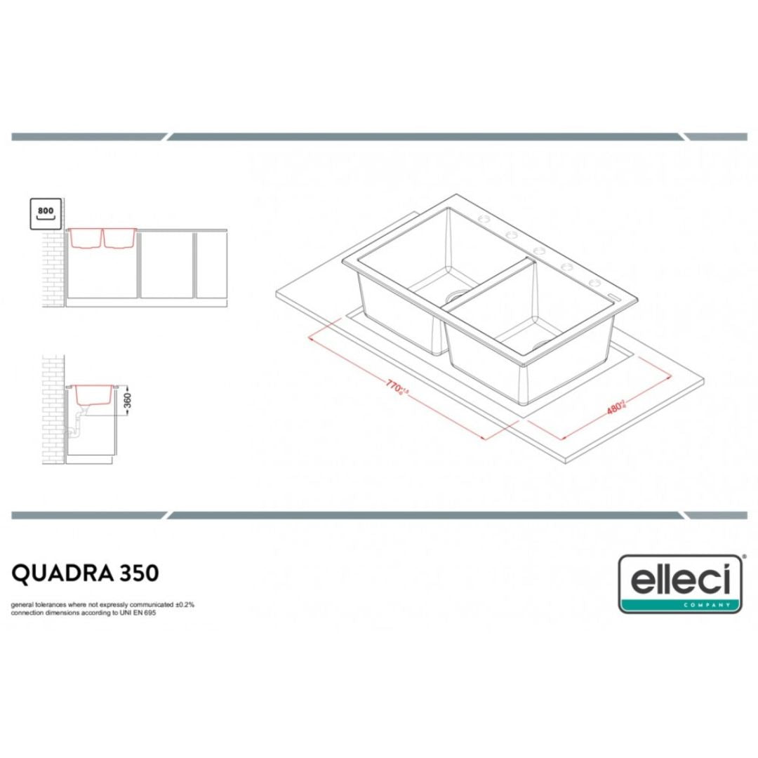 ELLECI QUADRA 350 LGQ35051 Lavello da Incasso 2 Vasche Sopratop Granitek Avena 51 cm. 79 x 50