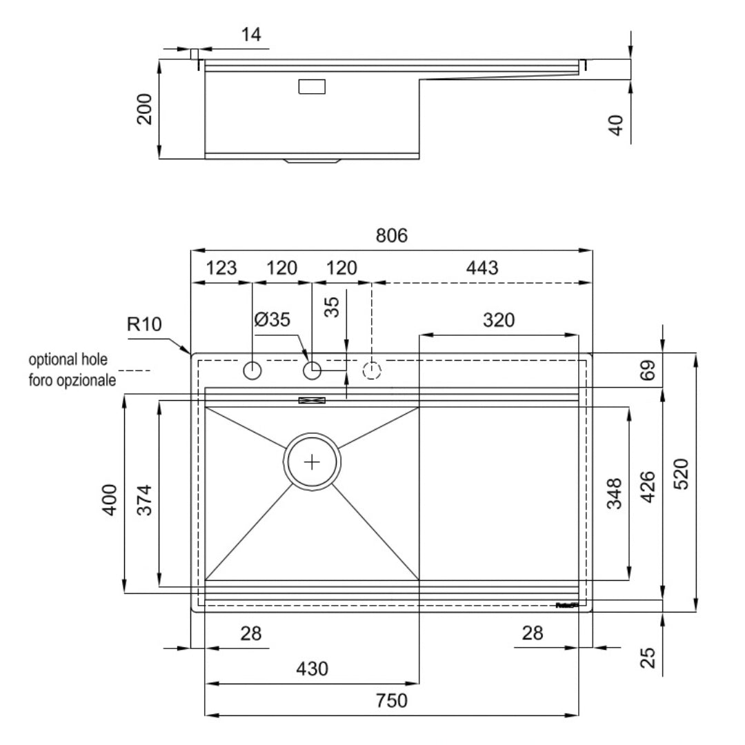 Foster Milanello Workstation 1040051 Lavello Filotop 1 Vasca Gocciolatoio Acciaio Inox mm. 806 x 520