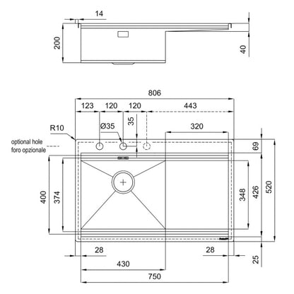 Foster Milanello Workstation 1040051 Lavello Filotop 1 Vasca Gocciolatoio Acciaio Inox mm. 806 x 520