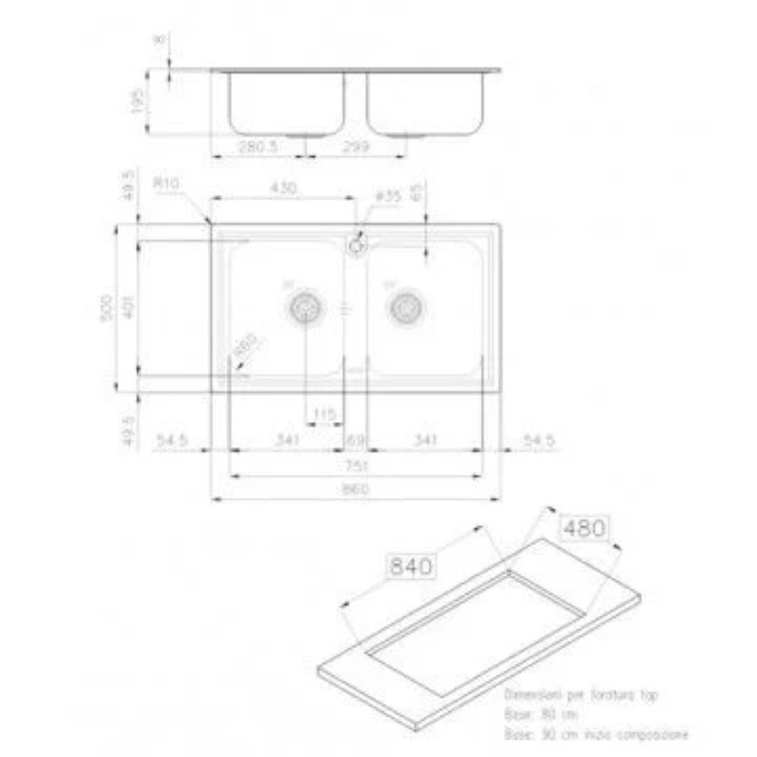 FOSTER ELETTRA 5886060 Lavello Cucina 2 Vasche Incasso Sopratop Acciaio Inox Spazzolato cm. 86 x 51