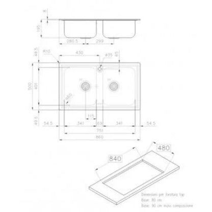 FOSTER ELETTRA 5886060 Lavello Cucina 2 Vasche Incasso Sopratop Acciaio Inox Spazzolato cm. 86 x 51