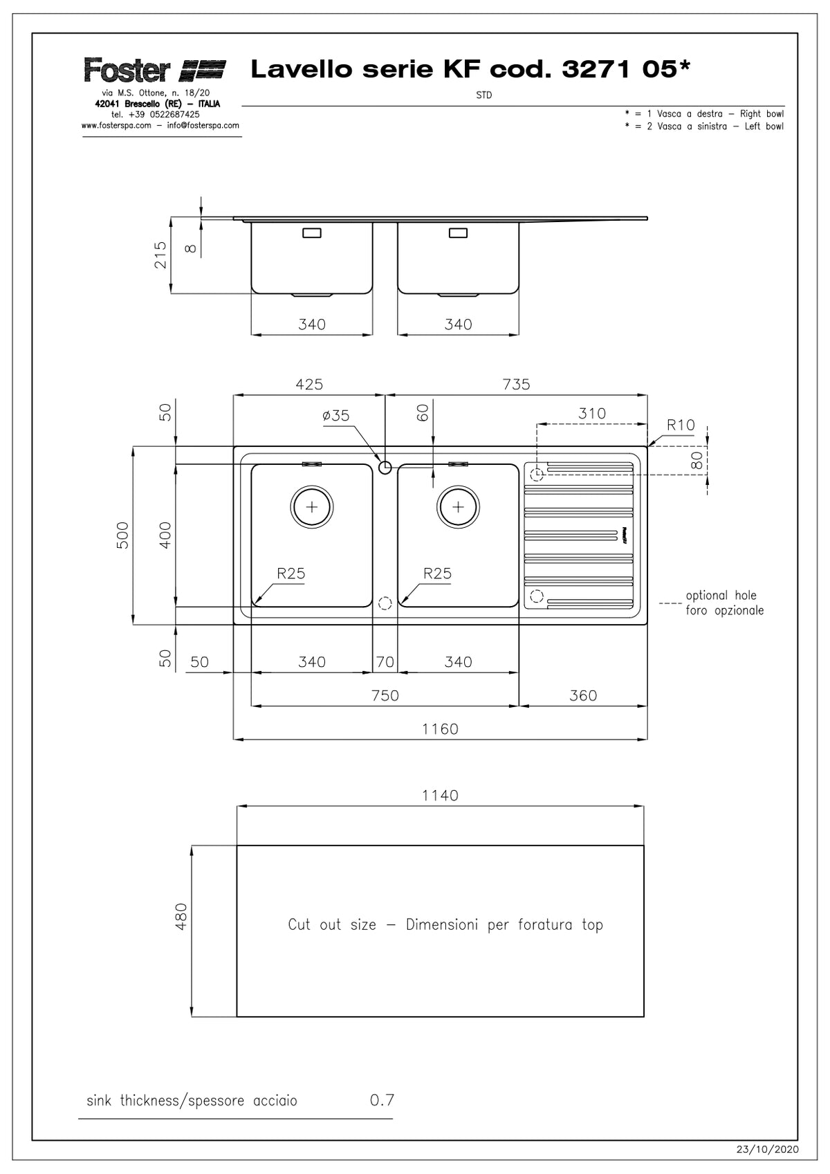 FOSTER KF 3271052 Lavello Cucina 2 Vasche Sinistra Gocciolatoio Destra Incasso Sopratop Inox cm. 116x50